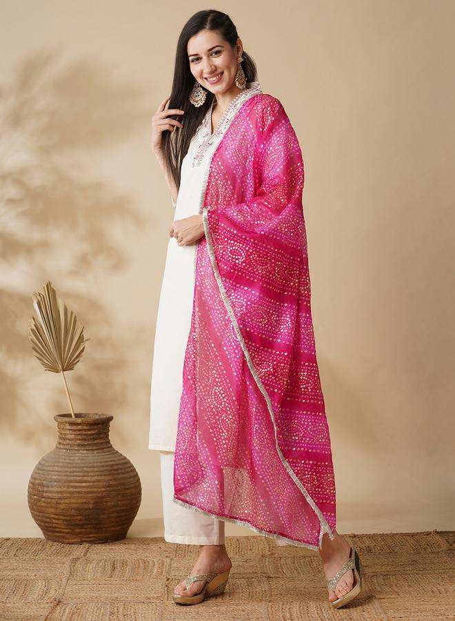 globus Women Off White Embroidered Straight Kurta with Pants and Dupatta Set - Image 1